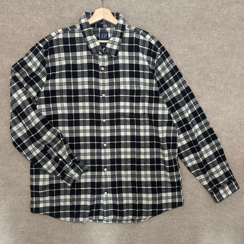 NWT Gap Men XXL Black White Plaid Organic Cotton Midweight Flannel Shirt Grunge